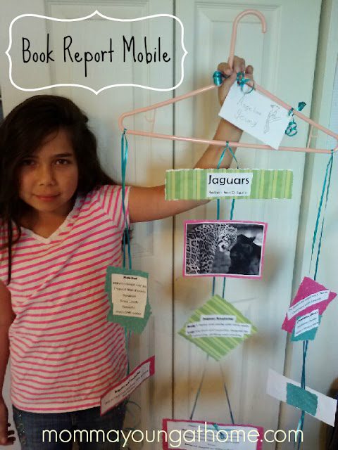 A girl stands next to a book report mobile made from a cable hanger additionally books cards because an example of creative booking report theories