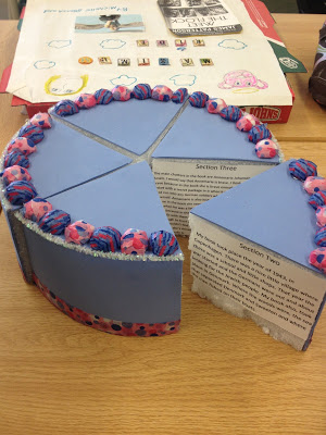 A purple cake manufactured from papers edge into disc