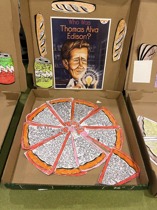 AN pizza box ornamentiert with a show cover and a newspaper pizza with book report details as an demo in creative book show ideas