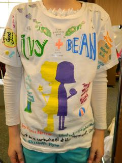 A child wears a t-shirt decorated as a book report as can example of artistic book report ideas