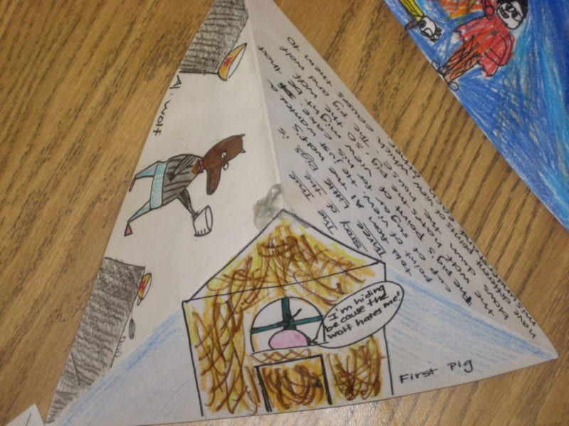 A pyradimal shaped 3D book report with illustrations and words written on every sides